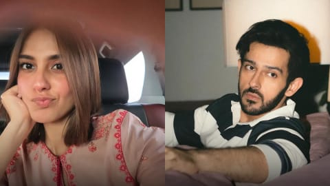 A split-screen image features a casual selfie of Pakistani actress Iqra Aziz on the left and a portrait of Pakistani musician and actor Azaan Sami Khan on the right. On the left side, Iqra Aziz is seen sitting inside a vehicle, leaning her face against her hand with a slight pout, wearing a light pink embroidered traditional outfit, and sporting a sleek, straight brown bob haircut. On the right side, Azaan Sami Khan is leaning back against pillows, looking thoughtfully away from the camera, wearing a casual black-and-white striped polo shirt, and showcasing a neatly trimmed beard and mustache.