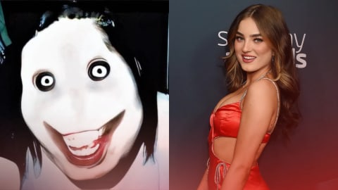 The comparison image juxtaposes the infamous online horror urban legend "Jeff the Killer" with filmmaker and content creator Savanah Moss to highlight her upcoming live-action horror movie adaptation of the internet icon. A side-by-side comparison image divided vertically down the middle. On the left side is the classic, highly distorted creepypasta image known as "Jeff the Killer," featuring an unnaturally pale, white, oval face, devoid of a nose, with wide-staring unblinking eyes surrounded by black circles, and an exaggerated, bloody, ghoulishly wide grin showing teeth. On the right side is a side-profile photograph of internet personality and director Savanah Moss, smiling at a red carpet event while wearing an elegant, sleeveless red dress with thin straps, her wavy light-brown hair cascading down her back against a dark backdrop.