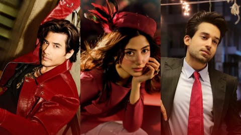 Three vertical panels side by side showcase the main star cast of the upcoming Pakistani drama serial Lahu. The left panel features actor and singer Ali Zafar posing dynamically in a textured, dark red leather motorcycle jacket worn open over a black t-shirt and layered gold chains. The center panel focuses on actress Sajal Aly looking directly at the camera with her chin resting gently on her hand, wearing a matching dark red top and a structured vintage-style pillbox hat adorned with feathers. The right panel presents actor Bilal Abbas Khan dressed elegantly in a dark gray charcoal suit jacket, a white button-down collared dress shirt, and a vibrant red polka-dotted silk tie.