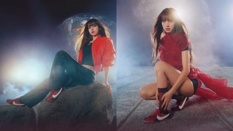 A two-panel promotional campaign diptych features global superstar LISA of BLACKPINK modeling the Nike x Jacquemus Moon Shoe against a sci-fi lunar backdrop. In the left panel, she reclines gracefully on a gray volcanic boulder, wearing a black cropped tank top, dark flowing trousers, a vibrant red puffed bomber jacket, and dark red Nike sneakers with a stark white swoosh. The background depicts a large, hazy planet Earth visible in the dark expanse of space. In the right panel, she strikes an athletic crouching pose on the gray, dusty lunar terrain. She is styled in a deep red sleeveless top with sheer fabric draping into long, flowing trains behind her, paired with black shorts and dark red Nike Moon Shoes accented by long burgundy socks. A soft, glaring spotlight glows from above her head under a massive, full moon obscured by cosmic dust.