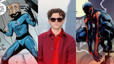 This image is a three-panel horizontal collage showcasing variations of the Spider-Man universe and actor Tom Holland. The left panel depicts the Bombastic Bag-Man, a comic book version of Peter Parker wearing a blue Fantastic Four uniform with a black "4" logo on the chest and a brown paper bag over his head to conceal his identity. The middle panel shows a real-life photograph of actor Tom Holland from the chest up, sporting curly brown hair, dark sunglasses, a vibrant red button-down shirt, and an unbuttoned maroon overshirt against a soft blue city background. The right panel is a dynamic comic book illustration of Spider-Man 2099 (Miguel O'Hara) crouching in a dark, stylized suit featuring a striking red skull-like emblem across the chest and forearms against a dramatic night sky with a pale moon.