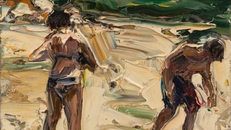 Nicholas Harding’s 2011 oil painting, Two Estuary Figures, showcases his signature impasto technique, characterized by thick, visceral layers of paint that create a tactile, three-dimensional surface. The work features two solitary, unselfconscious figures on a beach: one stands on the left with their back to the viewer, while the other on the right bends forward, appearing to explore the shoreline. Harding uses a rich, "lusciously viscous" palette of creamy whites, deep greens, and earthy browns to evoke the brilliant light and atmosphere of the Australian coast. The composition captures a profound sense of "being in nature," focusing on the unadorned presence of human forms within a rugged, textured landscape rather than direct interaction between the subjects. This specific small-scale work (20 x 25 cm) gained renewed attention in June 2026 when a larger winning entry at a prestigious art prize was identified as a "blatant copy" of Harding's original.