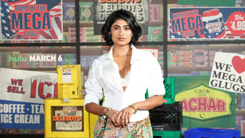 An elegant portrait of actress Amita Rao posing in front of a colorful, graphic-heavy pop-up backdrop. A woman with short, styled dark hair stands in front of a colorful, graphic background that resembles a stylized convenience store or deli. She is wearing an open white collared shirt over a lace top, paired with a patterned skirt, and stands with her hands clasped in front of her. The backdrop features bold text and advertisements, including phrases like "Home of the Mega Glug," "Deli Boys," and "We Sell Ice," alongside logos for Hulu and ABC, creating a vibrant, pop-art-inspired setting.