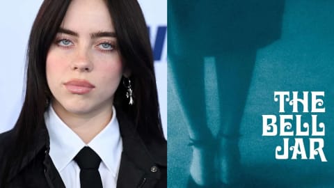 An image pairing a close-up portrait of American singer-songwriter Billie Eilish on the left with the book cover of Sylvia Plath's semi-autobiographical novel The Bell Jar on the right. Eilish is depicted from the chest up, sporting dark brown hair parted down the middle, light blue eyes, and subtle makeup, dressed in a formal white collared shirt, black tie, and a black jacket. To her right, the teal-toned book cover displays the author's name, "SYLVIA PLATH," in pink capital letters at the top, while the title, "THE BELL JAR," is written in an stylized, white serif font in the lower right corner, set against a dark silhouette of a person standing.