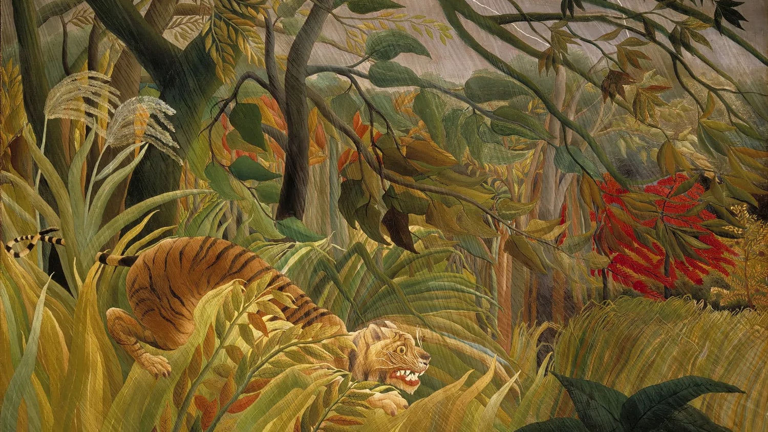 Tiger in a Tropical Storm (Surprised!) is a landmark 1891 oil-on-canvas painting by French self-taught artist Henri Rousseau. It represents the very first of his famous jungle paintings, capturing a fiercely illuminated tiger prepared to pounce amidst a raging gale.The masterpiece currently resides permanently in the National Gallery in London.Artistic Style and CompositionNaive Representation: The artwork belongs to the Naïve (or Primitive) art movement.Layered Space: Lacking formal training in linear perspective, Rousseau suggested spatial depth by building a succession of stacked, two-dimensional planes up the canvas.Floating Form: The tiger appears strangely suspended on the grass rather than fully grounded, looking like a dreamlike cut-out.Satin Rain Trails: Rousseau formulated a unique method to paint lashing rain by dragging thin, translucent diagonals of silver paint across the scene.The Fictional JungleZero Travel Experience: Despite popular myths that Rousseau fought in Mexico, he never left France.Botanical Synthesis: The dense wilderness is an eclectic, imaginative puzzle put together using observations from the Paris Botanical Gardens (Jardin des Plantes).Domestic Inspiration: Many of the colossal "jungle" leaves are actually amplified, stylized renderings of common Parisian household plants.Historical ReceptionSalon des Indépendants: After facing rejection from the traditional Academy jury, Rousseau successfully exhibited the piece under the title Surprise at the open Salon des Indépendants in 1891.Mixed Responses: While many standard critics ridiculed his childish naiveté and anatomical mistakes, it earned serious acclaim from avant-garde figures who deeply admired its structural complexity.