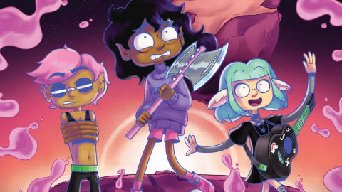 The image displays a colorful and stylized promotional poster for the adult animated sci-fi comedy film Lesbian Space Princess (2025). The illustration features three central characters on a rocky purple planet against a starry space background with vibrant pink goo or liquid floating around them. In the center stands the introverted main character, Princess Saira, a girl with dark curly hair and large anxious eyes, holding her royal battleaxe (Labrys) tightly across her chest. To her left, a character with short pink hair and sunglasses stands tied up with ropes around their torso, wearing a worried or annoyed expression. To her right, a cheerful character with bright aqua-green hair, large glasses, and pointed elf-like ears joyfully strumming a black guitar while waving one hand in the air. In the upper right corner, small white carton-like characters with faces peak out from behind a large pinkish-purple moon.