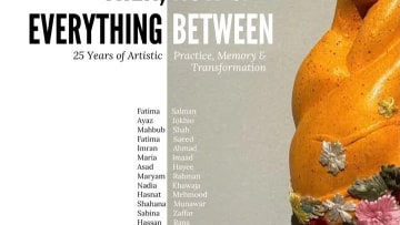 The image displays a promotional poster for an art exhibition organized by Alliance Française de Lahore - Pakistan. Set against a clean white background on the left and a textured grey background in the center, the prominent text reads "THEN, NOW & EVERYTHING BETWEEN" in a bold, black and white sans-serif font, followed by the subtitle "25 Years of Artistic Practice, Memory & Transformation." A vertical list of participating artists is displayed in the center, including Fatima Salman, Ayaz Jokhio, Mahbub Shah, Fatima Saeed, Imran Ahmad, Maria Imaad, Asad Hayee, Maryam Rahman, Nadia Khawaja, Hasnat Mehmood, Shahana Munawar, Sabina Zaffar, Hassan Rana, Zainub J Khawaja, and Sadaf Naeem. The right side of the poster features a close-up visual of a smooth, vibrant yellow-orange sculpture resembling a stylized heart or organic form, adorned with intricate, colorful floral patterns at its base. The bottom of the poster outlines event logistics, noting the opening on October 14th at 4:00 PM and the exhibition continuing from October 14–20, 2026, between 1:00 PM and 6:00 PM. The curatorial credits attribute the exhibition to Shah Zaman Baloch, Fatima Salman, and Anne Sophie Français. The venue is specified as La Galerie at Alliance Française de Lahore, located at 155, Street No. 3, Scotch Corner, Upper Mall Scheme, Lahore, Pakistan, with sponsor logos for Treet Corp and Avari Lahore Hotel visible in the bottom right corner.