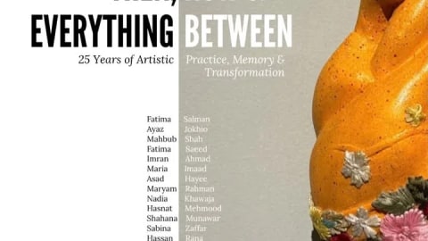 The image displays a promotional poster for an art exhibition organized by Alliance Française de Lahore - Pakistan. Set against a clean white background on the left and a textured grey background in the center, the prominent text reads "THEN, NOW & EVERYTHING BETWEEN" in a bold, black and white sans-serif font, followed by the subtitle "25 Years of Artistic Practice, Memory & Transformation." A vertical list of participating artists is displayed in the center, including Fatima Salman, Ayaz Jokhio, Mahbub Shah, Fatima Saeed, Imran Ahmad, Maria Imaad, Asad Hayee, Maryam Rahman, Nadia Khawaja, Hasnat Mehmood, Shahana Munawar, Sabina Zaffar, Hassan Rana, Zainub J Khawaja, and Sadaf Naeem. The right side of the poster features a close-up visual of a smooth, vibrant yellow-orange sculpture resembling a stylized heart or organic form, adorned with intricate, colorful floral patterns at its base. The bottom of the poster outlines event logistics, noting the opening on October 14th at 4:00 PM and the exhibition continuing from October 14–20, 2026, between 1:00 PM and 6:00 PM. The curatorial credits attribute the exhibition to Shah Zaman Baloch, Fatima Salman, and Anne Sophie Français. The venue is specified as La Galerie at Alliance Française de Lahore, located at 155, Street No. 3, Scotch Corner, Upper Mall Scheme, Lahore, Pakistan, with sponsor logos for Treet Corp and Avari Lahore Hotel visible in the bottom right corner.