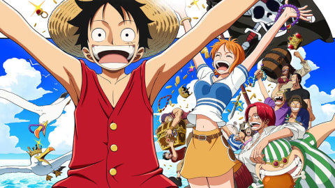 A promotional poster for the Netflix anime series "The One Piece" features Monkey D. Luffy in the foreground, widely grinning with his arms outstretched while wearing his signature straw hat, red vest, and denim shorts. To his right, Nami cheers joyfully in a striped shirt and orange skirt. Behind them, members of the Red Hair Pirates are visible, including Shanks with his distinct red hair looking back with a smile, Yasopp, Lucky Roux holding a piece of meat, and Benn Beckman. A black pirate flag with a skull and crossbones waves in the upper right. The background is a vibrant blue sky filled with white clouds, flying seagulls, and falling gold coins. At the bottom, text reads "NEW DAWN, NEW ADVENTURE," "ONLY ON NETFLIX," and "FEBRUARY 2027."