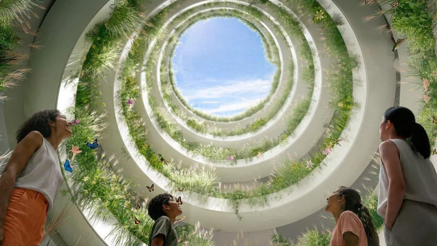 This architectural rendering depicts "Living Strata" (Estratos Vivos), the winning design for the new National Museum of Ecuador (MuNA) in Quito. An upward-looking view inside a striking, spiraling vertical courtyard that opens directly to the sky. Multiple stacked circular tiers are completely lined with dense green vegetation, wildflowers, and flying butterflies, creating a vibrant hanging-garden aesthetic. Visitors stand at the bottom level, looking up through the monumental green vortex toward a bright blue sky filled with scattered clouds. A low-angle, upward-looking perspective captures an indoor architectural space shaped like a massive spiral structure. The spiral narrows as it ascends toward a circular opening, revealing a bright blue sky with thin white clouds. Each tier of the curved ramp is heavily covered with lush green grass, wild plants, small flowers, and occasional butterflies. Four individuals—an adult woman on the left, a young boy near the center, and a young woman and an adult woman on the right—stand along the base of the structure, gazing upward at the light and foliage above.