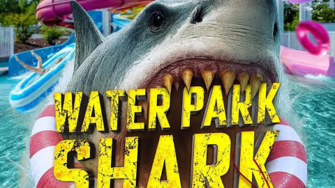 Poster for the horror film Water Park Shark showing a giant great white shark erupting from a crowded water-park pool with colourful slides and an inner tube, starring David Chokachi and Chelsea Gilson, from the director and producer of Sharknado.