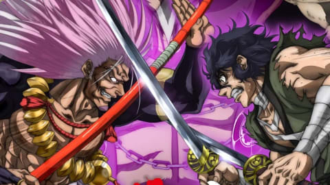 enkaichi: Nihon Saikyou Bugeisha Keteisen. An action-packed promotional poster features three characters rendered in an intense, highly-detailed anime art style under a dark, purple-hued atmosphere. At the top center, an elderly, sinister-looking figure with wrinkled skin, dark facial markings, and an elaborate white hairdo stares down with a malicious grin. Below them, two powerful warriors engage in fierce combat; on the left, a muscular fighter with dark skin, facial tattoos, and massive golden bead necklaces wields a long spear with a red shaft. On the right, a wild-haired swordsman with a manic expression clashes his katana against the opponent's weapon. Bold Japanese calligraphy in white and red stretches across the bottom foreground, layered over promotional text credits. 