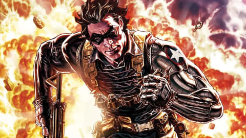 An illustration of Bucky Barnes as the Winter Soldier running forward amidst a fiery, chaotic explosion, carrying a submachine gun in his right hand. He wears a dark, tactical combat suit equipped with multiple utility pouches and gear belts, alongside his signature black domino mask. His highly detailed, metallic cybernetic left arm shines under the bright glare of the blast, featuring its distinctive red-and-white star emblem on the shoulder as he charges directly toward the viewer with a determined, intense expression.