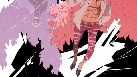 An official illustration captures Donquixote Doflamingo standing confidently under a stark high-contrast spotlight while pulling his signature invisible puppet strings. The image employs an optical illusion split, displaying a vertically mirrored, color-inverted duplicate of Doflamingo upside down to his left to emphasize his dual nature as a master manipulator and chaotic underworld broker. He is shown wearing his characteristic oversized pink feathered boa mantle draped over his broad shoulders, paired with an open white dress shirt displaying his defined abdominal muscles, red-and-white patterned trousers, and his signature thin-framed angular sunglasses masking his eyes. Thick white brush strokes slash dynamically across the top and bottom borders against a pitch-black negative background, accentuating his fingers curled into a delicate string-plucking stance.