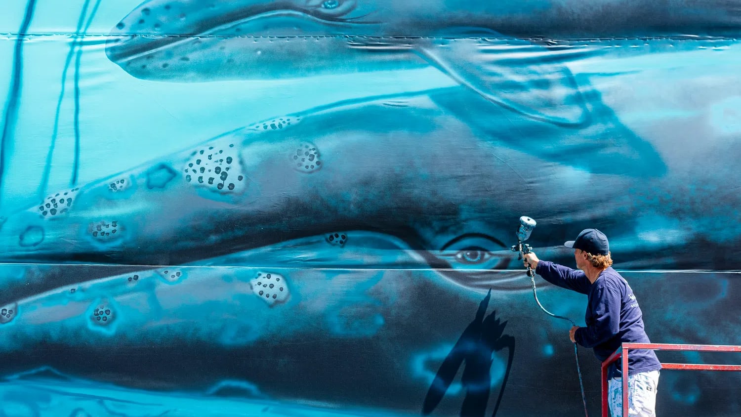 Laguna Beach artist, Wyland, one of the best-known marine-life painters in the country, recreates the first of his 100 whaling walls on a giant canvas adjacent to his gallery in Laguna Beach on Monday, July 15, 2019, 38 years after he first painted the mural on the Hotel Laguna. (Photo by Leonard Ortiz, Orange County Register/SCNG)