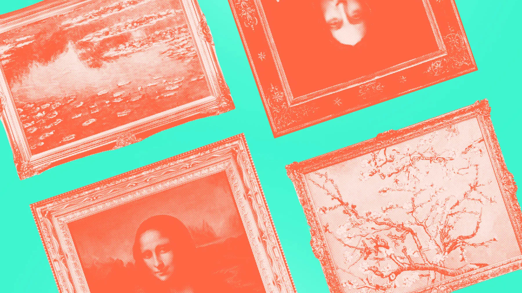 An ornate and visually striking duotone graphic is presented in a bold palette of bright orange and vibrant teal, arranged with a dynamic composition that features four classical artworks tilted at various angles across a flat teal background. The entire image is layered with a distinct halftone dot pattern, simulating a vintage screen-printed or comic-book matrix texture that unifies the classical subjects with a modern, pop-art aesthetic. In the upper-left quadrant, a horizontally oriented, rectangular ornate frame encloses a rendition of Claude Monet’s Water Lilies, capturing the dappled light and impressionistic textures of a pond surface. Positioned in the lower-left area is an iconic portrait of Leonardo da Vinci’s Mona Lisa, framed in a heavily detailed border, her famous enigmatic smile and serene posture clearly identifiable despite the stylized monochromatic rendering. Moving to the lower right, a large rectangular frame showcases Vincent van Gogh’s Almond Blossoms, where the intricate, twisting branches and delicate floral buds extend across the space in a Japanese-woodblock-inspired composition. In the upper-right section, oriented completely upside down, is a framed portrait showcasing a closely cropped human face with prominent features, reminiscent of a surrealist figure or a classical portrait inverted for a disorienting, contemporary twist. Each of these four paintings—along with their highly decorative, Baroque-style frames containing scrolls, filigree, and corner moldings—is rendered in a single, saturated shade of orange, creating an intense, complementary color contrast against the smooth, solid teal field that fills the negative space. Image copyright to "Awais Shaukat for PakistaniArt".