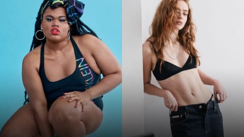 A side-by-side comparison of two models posing for Calvin Klein campaigns against solid backdrops. On the left, Black transgender model Jari Jones crouches forward on a bright blue background, wearing long dark braids with a colorful headscarf, large hoop earrings, and a black Calvin Klein swimsuit featuring rainbow lettering. On the right, white ginger model and actress Sadie Sink poses against a plain white wall, wearing a simple black bra top and unbuttoned dark denim jeans that reveal the top of her underwear waistband.