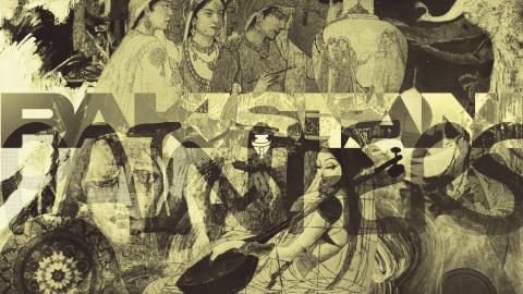 A complex, monochromatic sepia and gold digital collage is layered with historical South Asian and Mughal-inspired fine art imagery, dominated by the large, stylized text "PAKISTAN PAINTERS" stretching horizontally across the center in a mix of bold block letters and dark, fluidly script-like font overlays. The background and figures are rendered with a distinct halftone dot pattern and weathered print textures. In the upper-left quadrant, a group of three women in traditional, flowing garments and ornate jewelry are depicted in profile and semi-profile, with one holding a paintbrush, while next to them stands a large ceramic vase illustrated with delicate figures. The lower half of the composition highlights a woman seated cross-legged, gracefully playing a traditional multi-stringed lute or rubab, surrounded by intricate linework and sweeping drapery. Intricate mandalas, decorative shield patterns, and a faintly visible, stylized elephant form on the upper right emerge through the dense layers of transparency, blending classical artistry with modern graphic design techniques to evoke a rich narrative of cultural heritage.