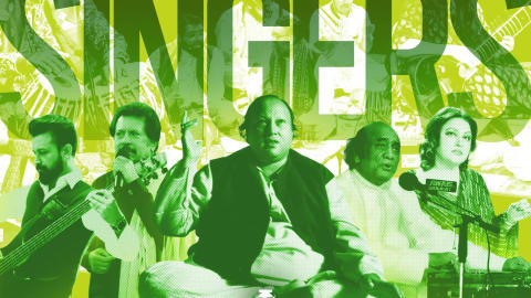 An artistic, high-contrast collage rendered in vibrant shades of lime green, dark green, and white features prominent Pakistani singers and musicians arranged across a horizontal layout. In the foreground, five musical artists are shown from the waist up against a background layered with faint, stylized images of other performers and instruments beneath the large, bold, cutout text "SINGERS" spanning the top. From left to right, a bearded musician wearing a dark vest passionately plays an acoustic guitar, followed by a man with a mustache singing into a microphone. At the center, the iconic Qawwali maestro Nusrat Fateh Ali Khan sits cross-legged in a traditional pose, one hand raised expressively while singing in a white kurta and dark vest. To his right, an older gentleman in a white outfit sits behind a microphone, gesturing with his hands, while on the far right, the legendary female vocalist Madam Noor Jehan stands elegantly behind a vintage microphone adorned. 

Edited by Awais Shaukat for PakistaniArt.

Famous Pakistani singers are vocal artists from Pakistan who have achieved widespread domestic and international recognition by mastering a diverse spectrum of musical traditions, ranging from ancient devotional genres to modern global pop. This distinct musical community includes legendary masters of classical Ghazal and Sufi Qawwali, who use rigorous vocal training and spiritual poetry to captivate audiences worldwide, alongside visionary pop and rock pioneers who revolutionized the South Asian music industry by blending traditional Eastern melodies with Western electronic beats. Additionally, the definition encompasses versatile playback singers whose tracks drive the commercial success of cinema and television dramas, as well as a rising generation of contemporary indie artists who fuse classical roots with modern hip-hop and electronic subgenres to achieve viral global streaming success. Collectively, these artists are defined by their profound cultural impact, technical vocal prowess, and an enduring ability to bridge Eastern heritage with contemporary global trends.