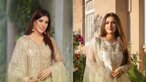 A side-by-side split image featuring two prominent Pakistani actresses; on the left, Mehwish Hayat poses gracefully in an intricately embroidered cream and gold formal outfit paired with a shimmering, sequined dupatta and large traditional jhumka earrings, while on the right, Hiba Bukhari looks off-camera in a soft off-white or ivory ensemble featuring silver-grey scalloped lace detailing along the neckline and a sheer matching organza dupatta, both captured in warm, natural afternoon lighting with soft outdoor backgrounds. Mehwish Hayat and Hiba Bukhari stand side-by-side in elegant, traditional Pakistani attire, showcasing intricate embroidery, delicate textures, and warm, sunlit color palettes that embody contemporary festive fashion. 