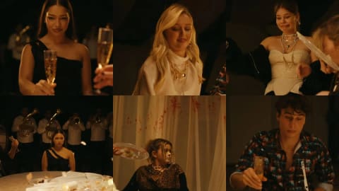 A six-panel collage captured from the official teaser trailer of the Croatian teen drama series Sram Season 4 displays a sequence of dramatic and chaotic moments from what appears to be a celebratory party. The top row features a woman in an asymmetrical black dress raising a glass of champagne, a blonde woman in a draped white top smiling warmly while wearing thick gold chains, and a woman in a strapless cream corset top accessorized with heavy necklaces reacting to an off-screen commotion. In the bottom row, the woman in the black dress appears in a wider composition with a brass band playing behind her, a young woman covered in cake and blood-like splatters sits shocked against a stained white curtain background as a hand holds a plate nearby, and a young man in a patterned button-down shirt gazes downward thoughtfully while holding a glass.