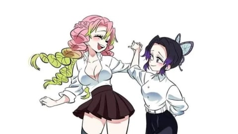 This fanart features characters Mitsuri Kanroji and Shinobu Kochō from the anime series Demon Slayer: Kimetsu no Yaiba.The artwork was created by artist Soyeonp19 and depicts the characters in a casual setting holding hands.It is categorized by fans as a "yuri" ship, which focuses on romantic relationships between women.The original artist faced harassment based on false accusations that this art was AI-generated, leading them to delete their social media accounts.