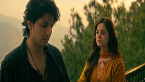 A medium shot captures Danyal Zafar and Komal Meer in an intimate, emotionally charged scene from the television drama Raqaas on Green TV Entertainment. On the left, Danyal Zafar looks downward with a somber expression, wearing a loose black button-up shirt and a dark beaded pendant necklace. His long, messy black hair slightly frames his face. To the right, Komal Meer stands facing him, dressed in a traditional mustard-yellow mustard shalwar kameez with white embroidery details along the neckline and a matching dupatta draped over her shoulders. She has a serene, thoughtful expression, looking directly toward him against a hazy backdrop of green trees and hills illuminated by soft, warm evening light.