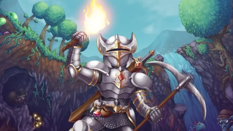 An armored knight stands proudly in a vibrant, stylized 2D landscape from the game Terraria, holding a flaming torch high in one hand and a large, curved pickaxe in the other. Clad in ornate silver armor with gold trim, a horned helmet, and a glowing red gem on the breastplate, the character prepares for exploration against a detailed background featuring lush green trees, a rocky cave opening, a cascading waterfall, and distant blue mountains, while small creatures like slimes and goblins lurk in the corners.