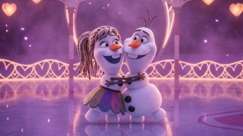 The image depicts Olaf, the cheerful snowman from Disney’s Frozen, standing on a glossy, reflective ice skating rink and sharing a warm hug with a female snowman character. The female snowman features braided hair, a colorful patterned skirt, and a carrot nose, closely mirroring Olaf's whimsical appearance. They look at each other with wide, happy smiles while locking their stick arms together. The background is a dreamy, romantic setting filled with soft purple and pink hues, decorated with glowing heart-shaped lanterns hanging from an ornate arched structure. Their figures cast a clear, mirrored reflection onto the smooth ice surface below them.