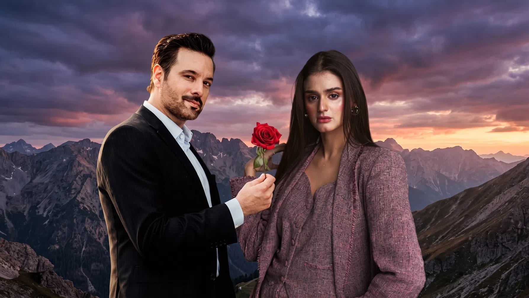 Khafa is an upcoming Pakistani drama serial starring Hira Mani and Mikaal Zulfiqar in the leading roles. Produced by Abdullah Kadwani and Asad Qureshi under the banner of 7th Sky Entertainment, the highly anticipated project will air on Har Pal Geo (Geo TV). The television serial is written by popular playwright Rukhsana Nigar. A medium close-up shot captures a Pakistani drama promotional banner featuring Hira Mani on the right. She has straight, dark brown hair parted down the center that falls over her shoulders, framing her face. She has dramatic makeup, featuring bold pink eyeshadow and a matching pink flush on her cheeks. She wears a structured, textured, dark-pink linen blazer over a matching, low-cut linen top. Her expression is solemn, and she looks directly at the camera. To her left, a man in a black suit holds out a single red rose toward her, which she holds by the stem with her right hand near her shoulder. The background features a dramatic mountain range under a cloudy sky during sunset or sunrise, with shades of purple, orange, and gray.