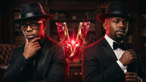 An artistic promotional graphic for the Verzuz musical battle between R&B icons Donell Jones and Joe, featuring both artists styled in sharp black suits, classic fedoras, and elegant accessories flanking a glowing, crystalline red "V" logo against a dark, sophisticated library backdrop. A highly polished promotional image showcases R&B singers Donell Jones and Joe positioned on either side of a large, glowing red and gold crystal "V" logo signifying a Verzuz battle. On the left, Donell Jones wears a black fedora with a feather accent, dark tinted glasses, and a sleek black suit jacket, holding a hand thoughtfully to his chin. On the right, Joe is dressed in a crisp white shirt, black bow tie, tuxedo jacket, and a matching black fedora, adjusting his cuffs with a focused expression. The entire scene is bathed in dramatic red atmospheric lighting, set against a dimly lit, upscale room with bookshelves and leather furniture blurred in the background to emphasize the artists.