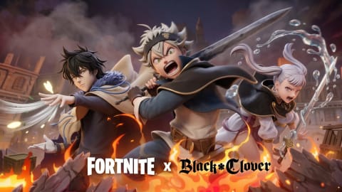 A dynamic digital promotional artwork formatted like a 3D video game crossover event featuring three anime characters from Black Clover styled in a Fortnite aesthetic. On the left stands Yuno, a young man with messy black hair wearing a tan capelet with blue fur trim, extending his right hand forward as yellow magical butterflies swirl around him. In the center is Asta, a muscular boy with spiky silver-grey hair and a black headband, wide-eyed and yelling mid-battle as he wields a massive, dark broadsword over his shoulder. On the right is Noelle Silva, a girl with silver hair tied into high pigtails, wearing a dark blue capelet and white dress, gritting her teeth as stylized splashes of transparent blue water swirl around her. The characters are positioned behind a roaring bed of orange and yellow flames and fractured grey rocks. In the foreground, the bold white logo for Fortnite sits next to a stylized black-and-white "Black Clover" logo with a central clover icon, separated by a white "X". The background depicts a blurred, smoky European-style city square with stone buildings under an overcast, dramatic sky.