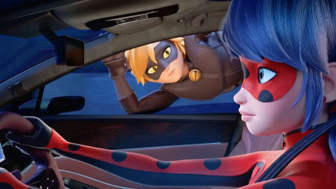 An animated scene shows Ladybug driving a sleek electric vehicle while Cat Noir peers in curiously from the open passenger window, capturing a playful moment from their high-tech city adventure. A detailed, high-resolution 3D animation still showcasing the characters Ladybug and Cat Noir from "Miraculous" in a modern car interior. In the foreground, Ladybug is depicted from the side profile, holding the steering wheel with her left hand. She wears her signature red bodysuit with black polka dots, a matching eye mask, and has her dark blue hair styled in pigtails. Through the open passenger-side window, Cat Noir is seen leaning down from the roof of the car, looking inside with a curious and intense expression. He wears his black superhero suit, black mask, and a gold bell at his collar, with his messy blonde hair and cat-like yellow eyes highly visible against the dark blue nighttime background outside the vehicle. 