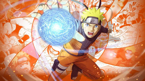 Naruto Uzumaki wielding a swirling blue Rasengan chakra sphere against an orange manga collage backdrop. The image features Naruto Uzumaki, the protagonist from the anime and manga series Naruto, dynamically lunging forward against a vibrant, orange-hued collage background composed of various panels depicting key moments from his journey. He is captured mid-action, extending his right hand to manifest a glowing, intricately detailed blue sphere of swirling chakra known as the Rasengan, which serves as the central focal point of the artwork. Dressed in his iconic orange and blue ninja jumpsuit with a high collar, his spiky blond hair stands out vividly alongside his blue eyes and the Konohagakure symbol engraved on his forehead protector. The background swirls outward in a spiral pattern, blending sketches and manga-style illustrations of Naruto in different emotional states, training sequences, and battle stances, altogether capturing the high-energy, shonen-action aesthetic of the franchise.