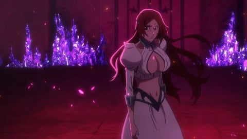 An anime screenshot features Orihime Inoue from Bleach: Thousand-Year Blood War standing in a dimly lit, dark red cavernous environment. She wears a white Arrancar-style outfit with a prominent heart-shaped chest cutout, long white sleeves, and a long skirt. Her long, dark orange hair flows behind her, and her expression is serious and determined as she looks slightly to her right. The background is filled with glowing, jagged purple crystal structures and faint floating pink petals or embers against a dark, moody atmosphere.