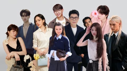 A wide-angle, studio-lit composite photograph captures a stylish group of ten young Asian celebrities posed closely together against a clean, minimalist light gray background. On the far left, a woman in a low-cut black velvet dress sits looking sideways while holding a houndstooth patterned handbag. Behind her stands a young man with dark, parted hair wearing a loose blue shirt and a beaded necklace. To their right, a woman in an elegant white button-up shirt and long skirt stands holding a small light-blue handbag and a bouquet of yellow flowers. In the upper-center, a young man with glasses and a brown jacket smiles warmly alongside a man in a navy blue blazer and thick-rimmed glasses. In front of them stands a young woman sporting a braided hairstyle, a navy blue cardigan over a light-blue button-down shirt, a pleated gray skirt, and holding a small dark brown pouch. To the right, a man in a black long-sleeve shirt looks toward a woman with long, layered brown hair who is dressed in a white sleeveless top with a lace overlays. Behind her, a young man in a pastel pink blazer holds up a soft pink flower, while on the far right, a striking individual with long blonde hair and an all-black suit completes the modern, fashionable ensemble.