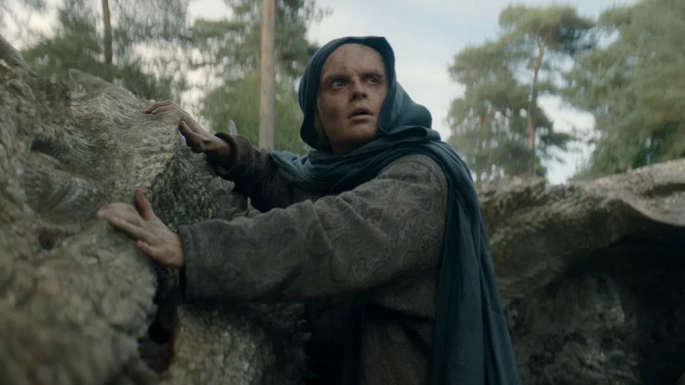 A heavily scarred, wide-eyed Aegon II Targaryen, portrayed by Tom Glynn-Carney, is shown hiding in disguise during his escape from King's Landing in House of the Dragon. He is wearing a dark, hooded teal-grey cloak over a patterned brown medieval robe. His face bears severe burn scars and disfigurement from the Battle of Rook's Rest. He grips the textured surface of a large, fallen moss-covered log or stone formation with both hands as he crouches low in a rocky, trench-like depression. His expression is one of sudden alarm and vulnerability as his eyes look upward and out of frame, scanning for potential threats. The background features a soft-focus forest with thin pine trees against a pale, overcast sky, establishing a bleak and tense outdoor environment. 