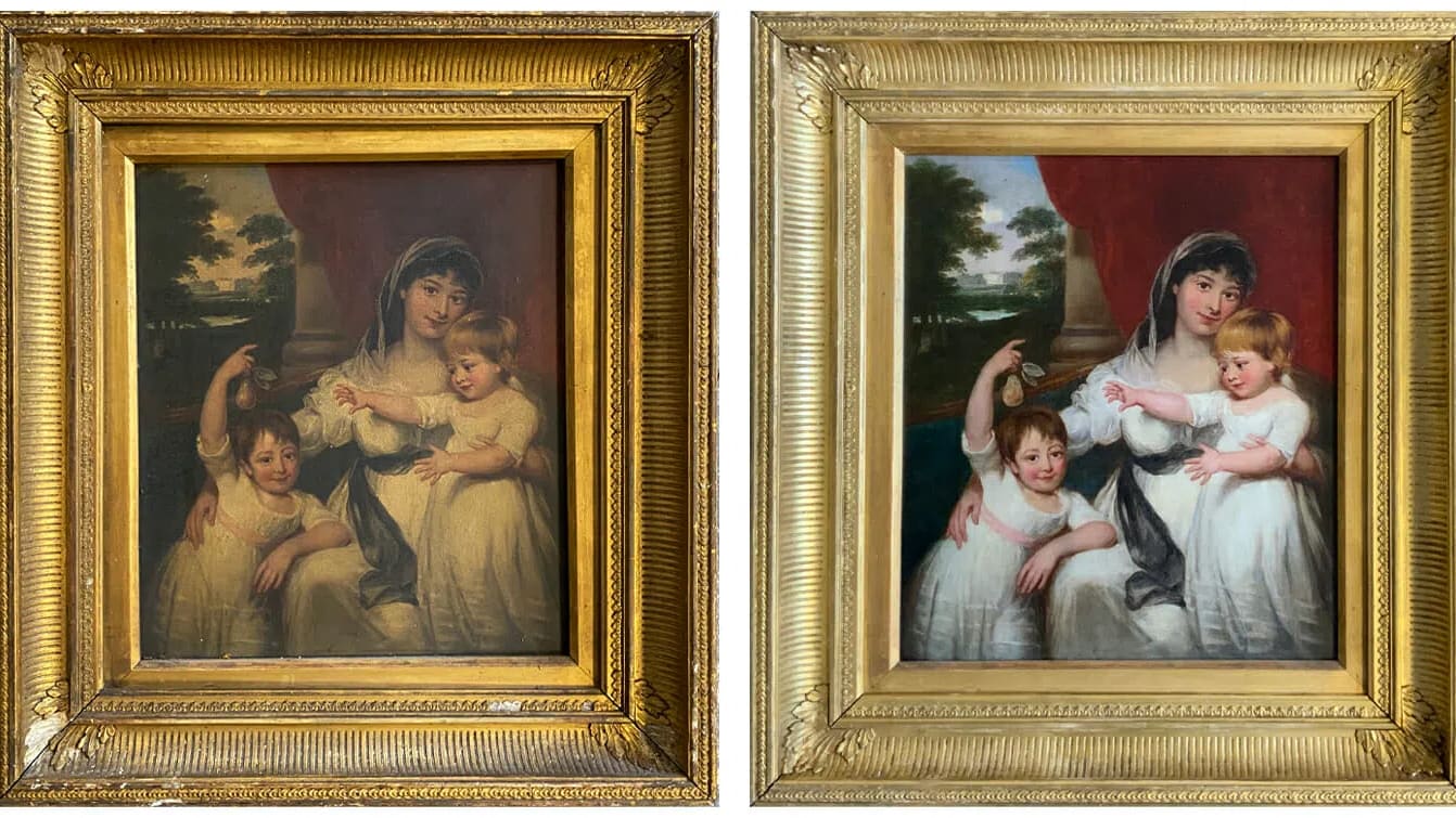 A side-by-side comparison shows an antique oil painting before and after restoration, housed in an ornate, rectangular gilt-wood frame. The artwork depicts a classical portrait of a dark-haired woman sitting with two young children dressed in white gowns against a backdrop of a red drape and a distant landscape. The left image represents the "before" state, where the canvas and frame appear significantly darkened, yellowed, and obscured by a thick layer of aged varnish and grime. The right image represents the "after" state, revealing dramatically brightened colors, crisp details, a vivid red curtain, luminous skin tones, and a cleaned, gleaming gold frame.