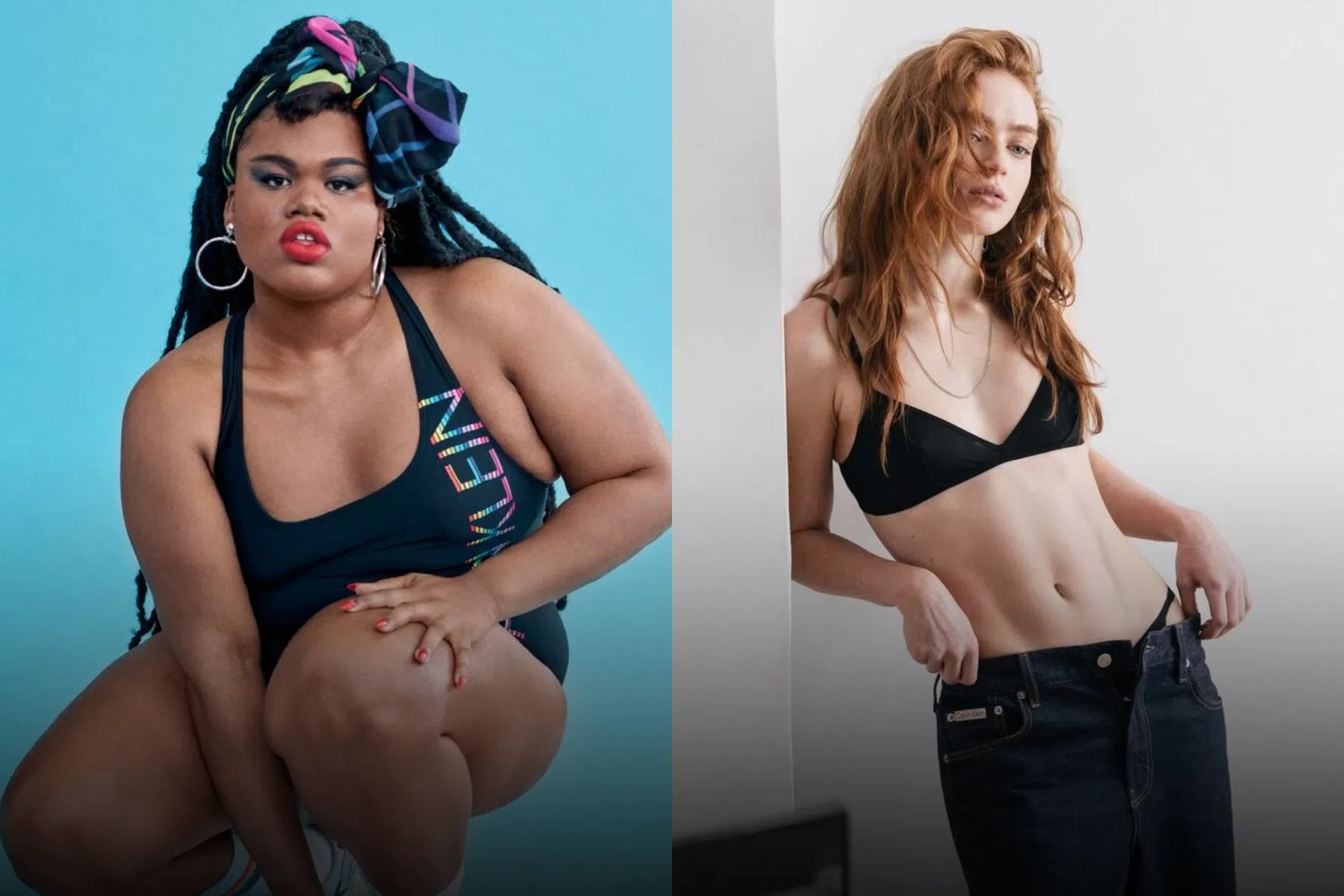 A side-by-side comparison of two models posing for Calvin Klein campaigns against solid backdrops. On the left, Black transgender model Jari Jones crouches forward on a bright blue background, wearing long dark braids with a colorful headscarf, large hoop earrings, and a black Calvin Klein swimsuit featuring rainbow lettering. On the right, white ginger model and actress Sadie Sink poses against a plain white wall, wearing a simple black bra top and unbuttoned dark denim jeans that reveal the top of her underwear waistband.