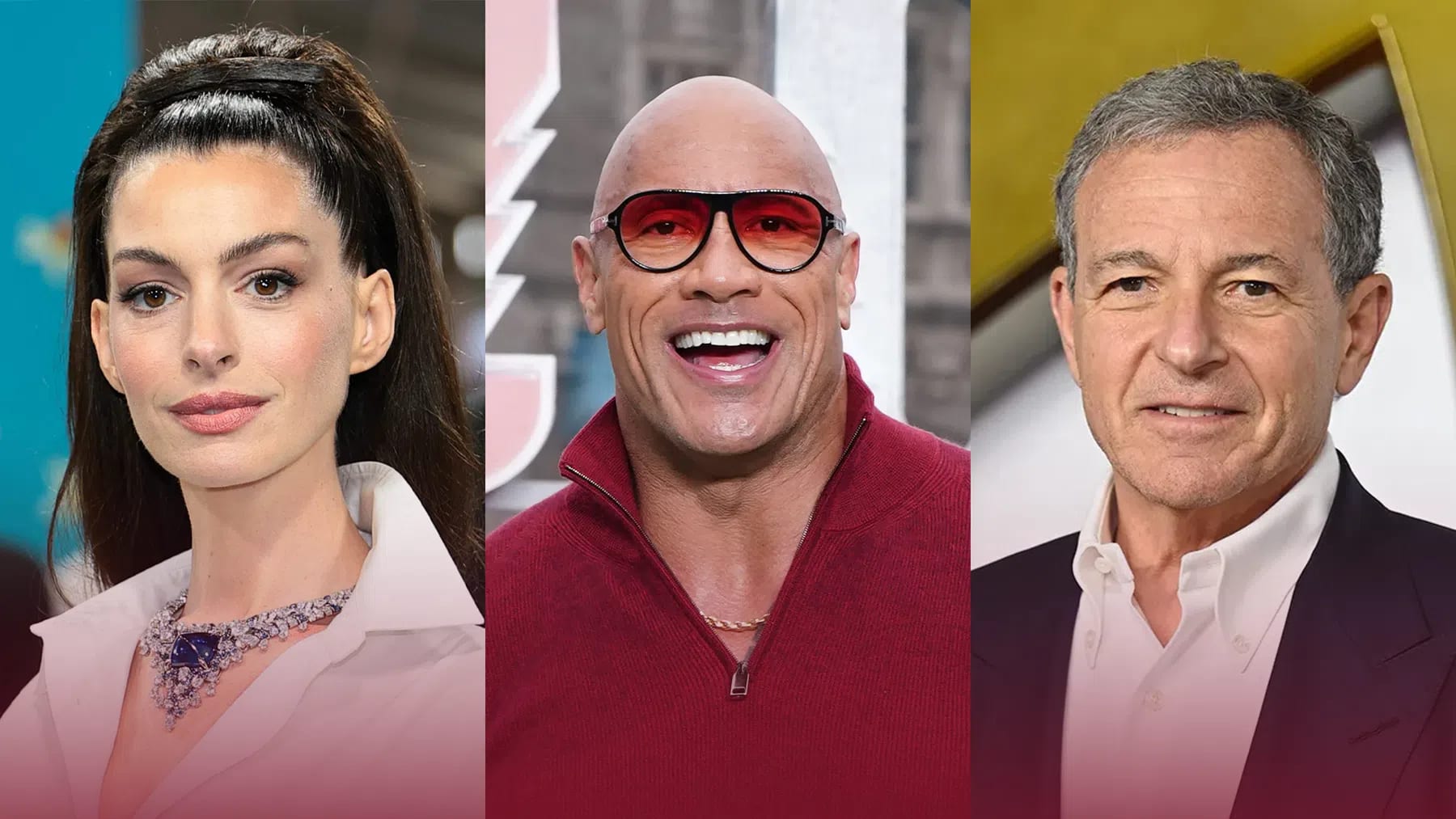 A horizontal collage features three individual portraits of prominent figures from left to right against a red-tinted lower gradient. The first portrait shows actress Anne Hathaway looking directly forward, sporting an elegant half-up bouffant hairstyle, a crisp collared white shirt, and an intricate diamond statement necklace featuring a large blue gemstone. The middle portrait displays actor Dwayne "The Rock" Johnson smiling broadly, wearing red-framed aviator glasses with tinted lenses and a textured maroon zip-up sweater over a thin gold chain. The third portrait captures Disney executive Bob Iger looking forward with a calm smile, dressed in a classic white button-down shirt paired with a dark navy blazer.