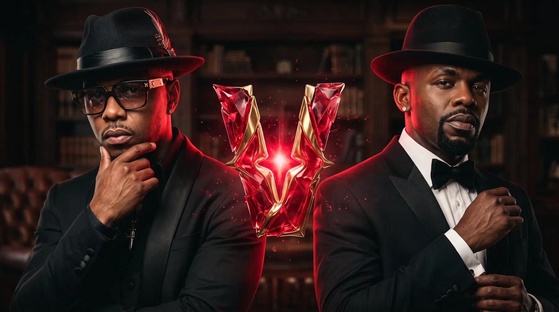 An artistic promotional graphic for the Verzuz musical battle between R&B icons Donell Jones and Joe, featuring both artists styled in sharp black suits, classic fedoras, and elegant accessories flanking a glowing, crystalline red "V" logo against a dark, sophisticated library backdrop. A highly polished promotional image showcases R&B singers Donell Jones and Joe positioned on either side of a large, glowing red and gold crystal "V" logo signifying a Verzuz battle. On the left, Donell Jones wears a black fedora with a feather accent, dark tinted glasses, and a sleek black suit jacket, holding a hand thoughtfully to his chin. On the right, Joe is dressed in a crisp white shirt, black bow tie, tuxedo jacket, and a matching black fedora, adjusting his cuffs with a focused expression. The entire scene is bathed in dramatic red atmospheric lighting, set against a dimly lit, upscale room with bookshelves and leather furniture blurred in the background to emphasize the artists.
