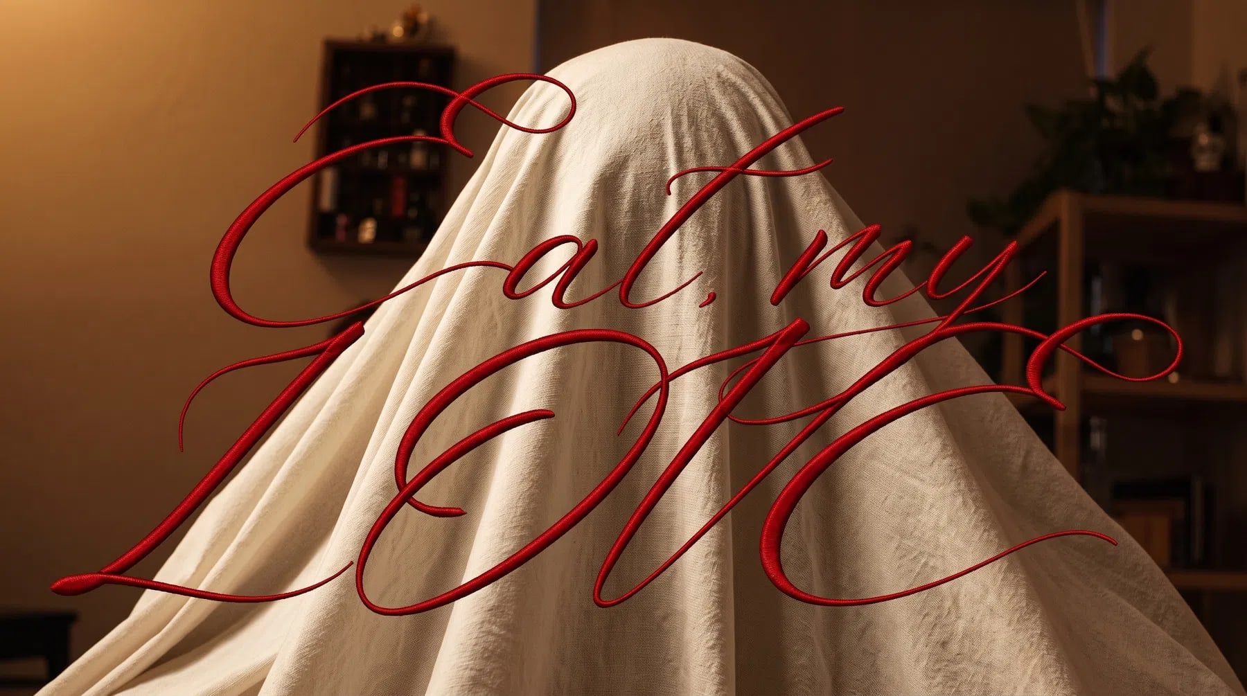 The image features an enigmatic scene with a figure fully draped under a light beige or off-white fabric sheet, evoking the classic, ghostly shape of a sheet phantom, while stylized red cursive script overlays the center reading "Eat, My Love," introducing an unsettling, romantic-horror aesthetic. The fabric falls in heavy, structural folds over the obscured form against a warm, dimly lit room backdrop featuring indistinct wooden shelving and domestic objects. This striking graphic design serves as a teaser card for an upcoming cinematic project.