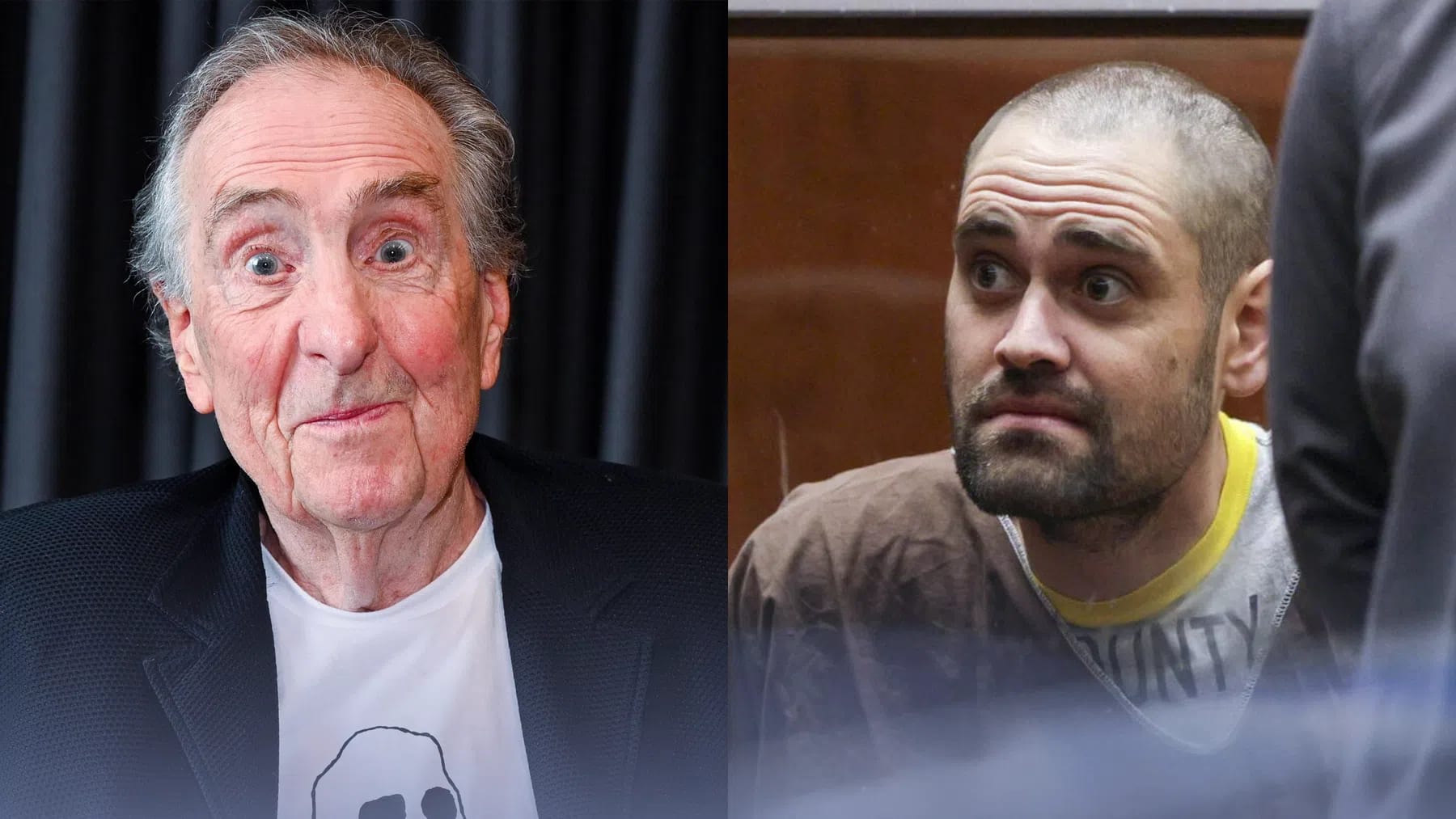 Eric Idle (left) publicly stated he has "no sympathy" for Nick Reiner (right) as the latter petitions a California judge to grant him access to his trust fund money to pay for a private criminal defense attorney in his high-profile double-murder case. A side-by-side split composition juxtaposing two men. On the left side, English comedian and Monty Python alumnus Eric Idle looks directly toward the camera with a wide-eyed, expressive smirk. He is clean-shaven with graying hair slicked slightly back, wearing a black blazer over a white graphic T-shirt. On the right side, Nick Reiner appears in a court setting with a worried, wide-eyed facial expression. He has a buzzed haircut and close-cropped facial stubble, clad in a brown jail-issued crewneck sweatshirt over a yellow undershirt.
