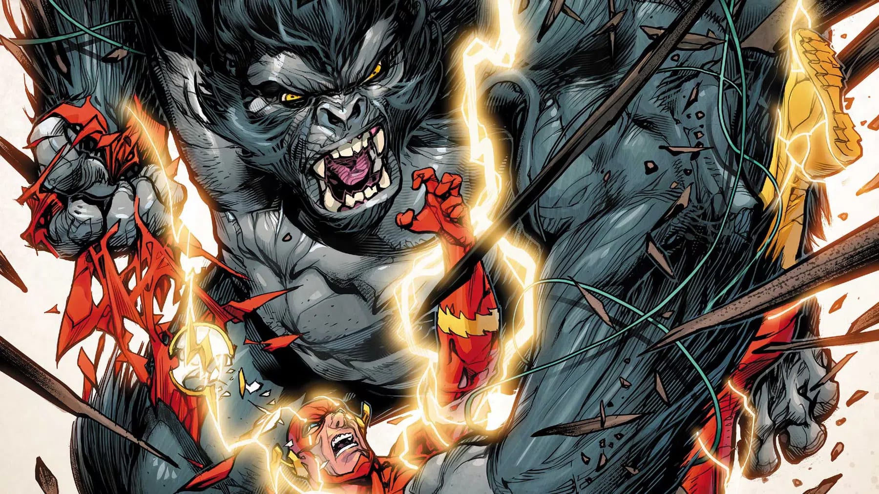 Gorilla Grodd, a hyper-intelligent, telepathic ape from the hidden African civilization of Gorilla City, fiercely overpowers the Flash in a chaotic battle surrounded by shattering debris and crackling Speed Force lightning. As one of the Scarlet Speedster's most ruthless adversaries, Grodd utilizes his immense physical strength, savage fury, and devastating psychic abilities in an endless quest to conquer humanity and destroy Central City's protector.