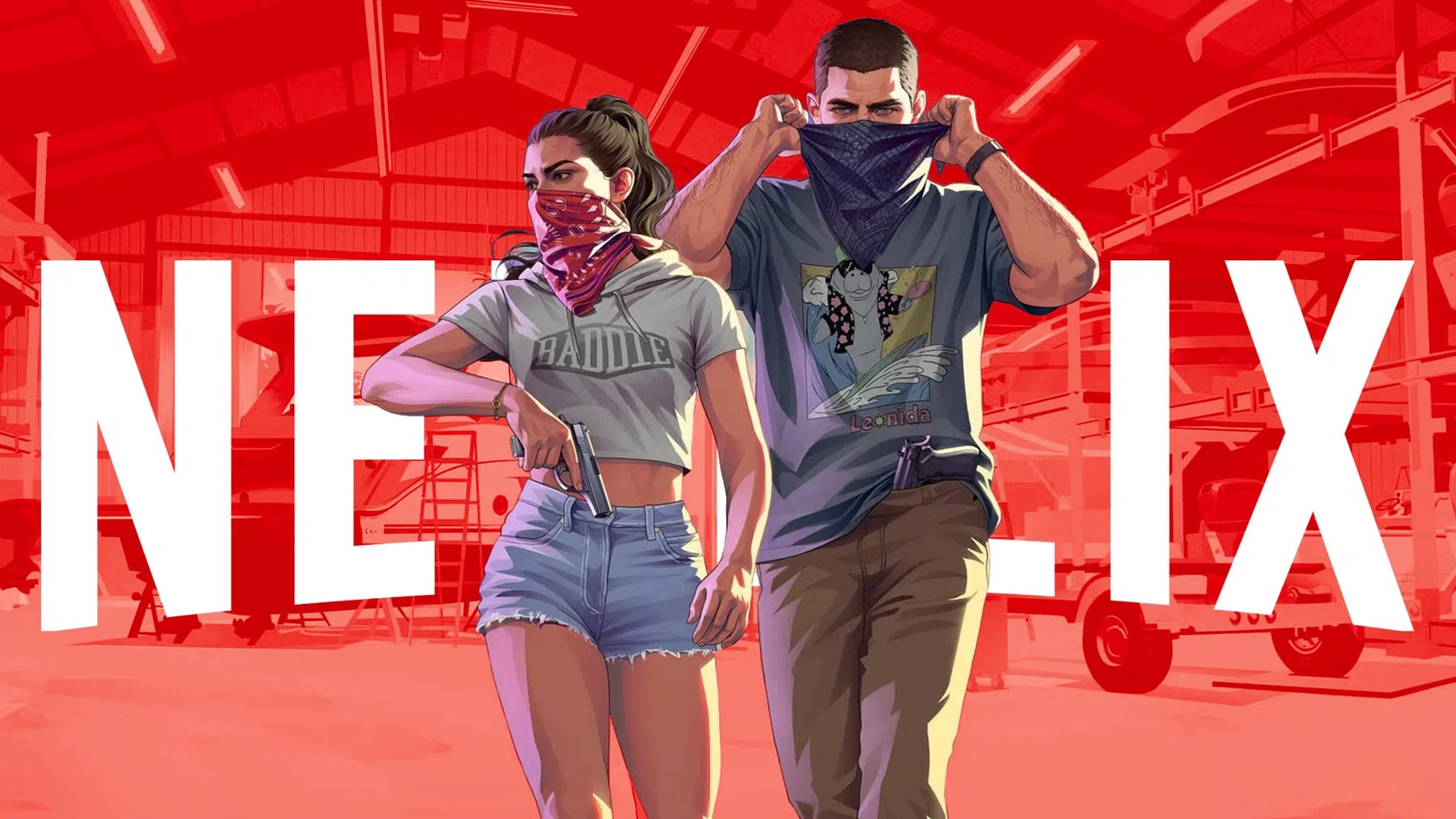 a digital artwork featuring the two main characters of Grand Theft Auto VI walking forward against a bright red background, with the woman on the left holding a handgun and the man on the right adjusting a blue bandana over his face, while the bold white word "NETFLIX" is layered behind them. A suitable caption line is: Promotional artwork combining the main characters of Grand Theft Auto VI with the Netflix logo to highlight the upcoming exclusive extended look showcase. “Grand Theft Auto VI: An Extended Look” will premiere exclusively on Netflix on Thursday, August 27, 2026, at 3:00 PM ET, giving paid subscribers a first-of-its-kind, in-depth showcase of the highly anticipated game six hours before it releases for free on the official Rockstar Games YouTube channel and Rockstar Newswire at 9:00 PM ET. The groundbreaking partnership has sparked massive community discussion, especially after a brief user interface glitch on the Netflix Portugal website leaked that the showcase could be formatted as a three-episode series totaling roughly 66 minutes and 47 seconds of content. While some fans on platforms like Reddit have expressed frustration over the brief paywall, industry analysts view the Netflix partnership as a historic entertainment event leading up to the game's official launch on November 19, 2026, for PlayStation 5 and Xbox Series X|S.