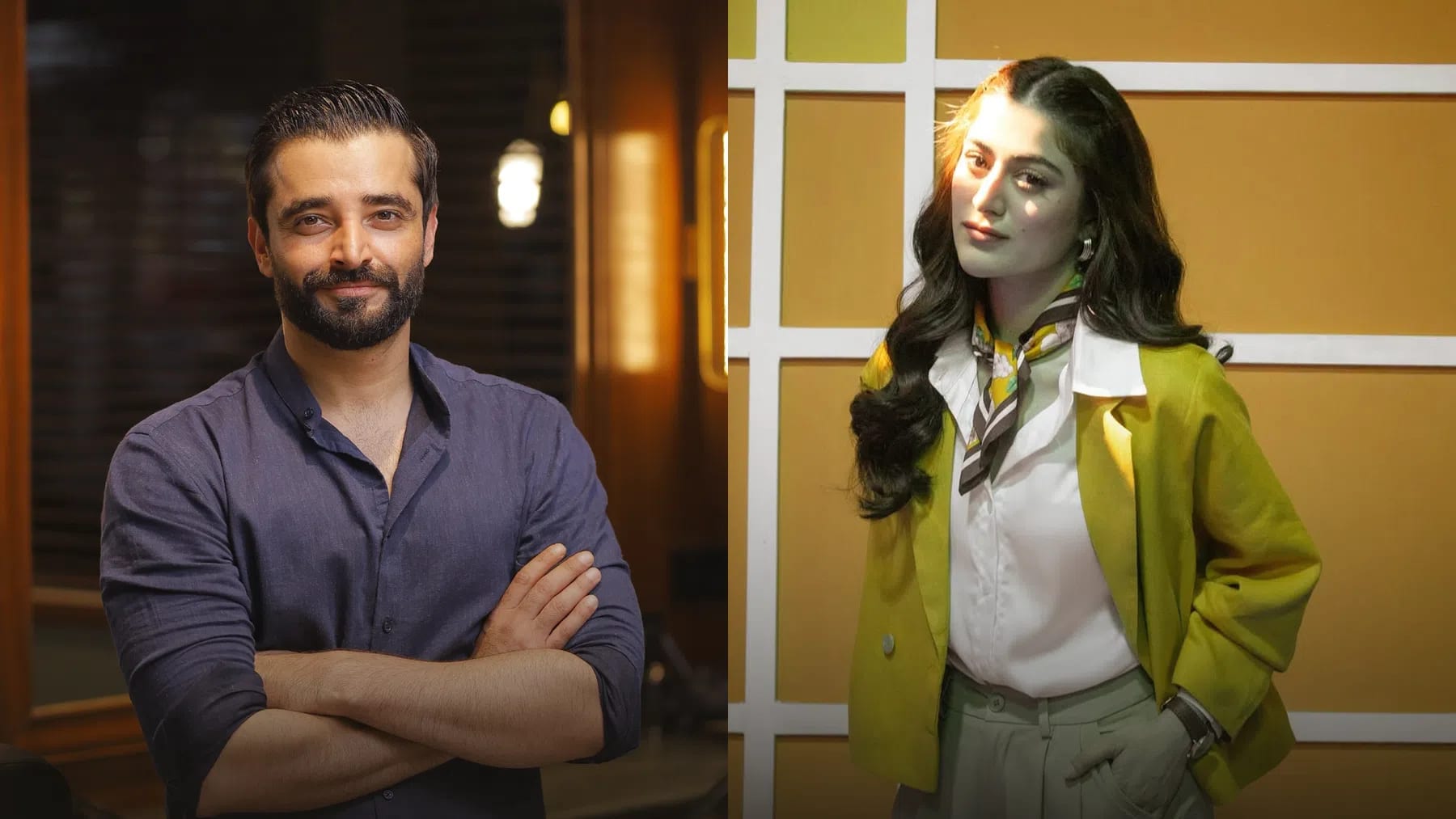 A side-by-side split-screen image features Pakistani actors Hamza Ali Abbasi and Hania Amir. On the left side, Hamza Ali Abbasi stands with his arms crossed over his chest, facing forward with a gentle smile. He has short, slicked-back dark hair, a neatly trimmed beard, and a mustache. He is wearing a dark, charcoal-gray, long-sleeved button-up shirt with the collar slightly open. The background behind him is softly blurred, showing a warm, ambient-lit indoor setting with horizontal window blinds and a glowing light fixture. On the right side, Hania Amir stands angled slightly to the side while looking toward the camera with a subtle expression. Her long, dark, wavy hair is parted down the middle, with a portion pulled back. She wears a white, wide-collared button-down shirt beneath a bright, lime-yellow tailored blazer and light sage-green trousers with her left hand tucked into the pocket. An elegant, patterned silk scarf in shades of olive, white, and yellow is tied around her neck, and she wears silver hoop earrings. The background behind her is a prominent geometric grid design with yellow and cream-colored rectangular panels. Edited by PakistaniArt.