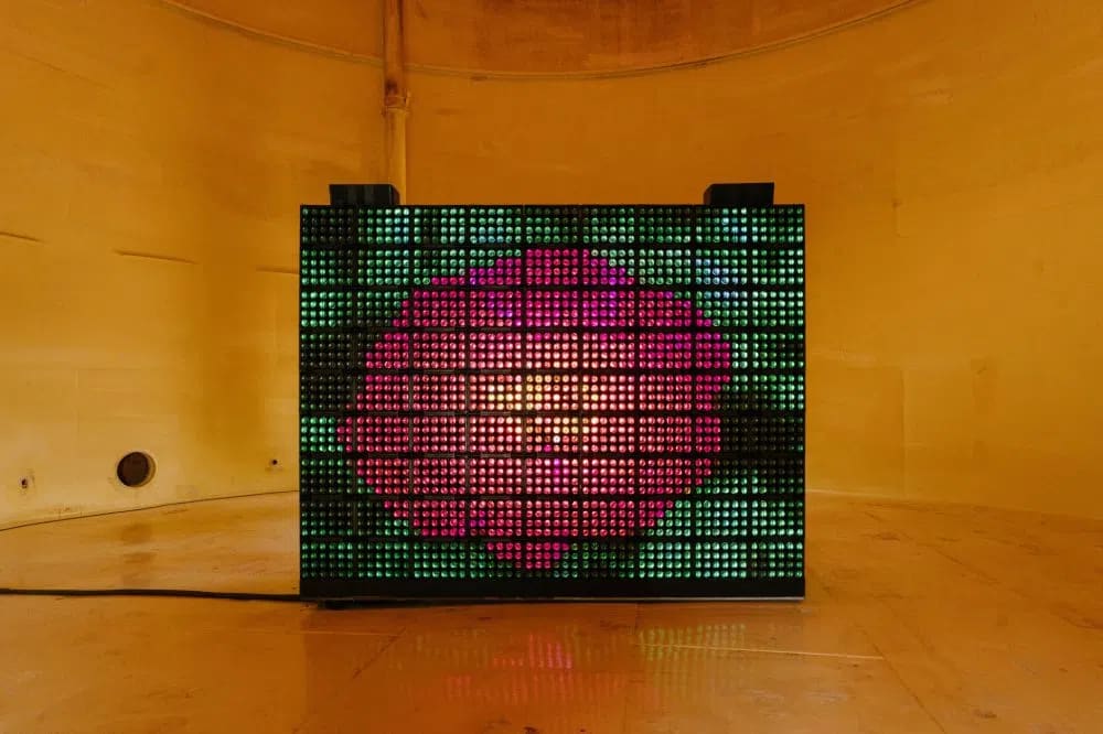 Hito Steyerl, Green Screen, 2023, LED-wall comprised of 81 plastic bottle crates, 1944 glass bottles, live plants generating LED video signal, live-generated soundtrack, bench. Exhibition view of Kunstfestival Begehungen, Chemnitz, 2025. Photo: Johannes Richter. Courtesy the artist, Kunstfestivals Begehungen, Andrew Kreps Gallery and Esther Schipper Berlin/Paris/Seoul The artist © VG Bild-Kunst.
