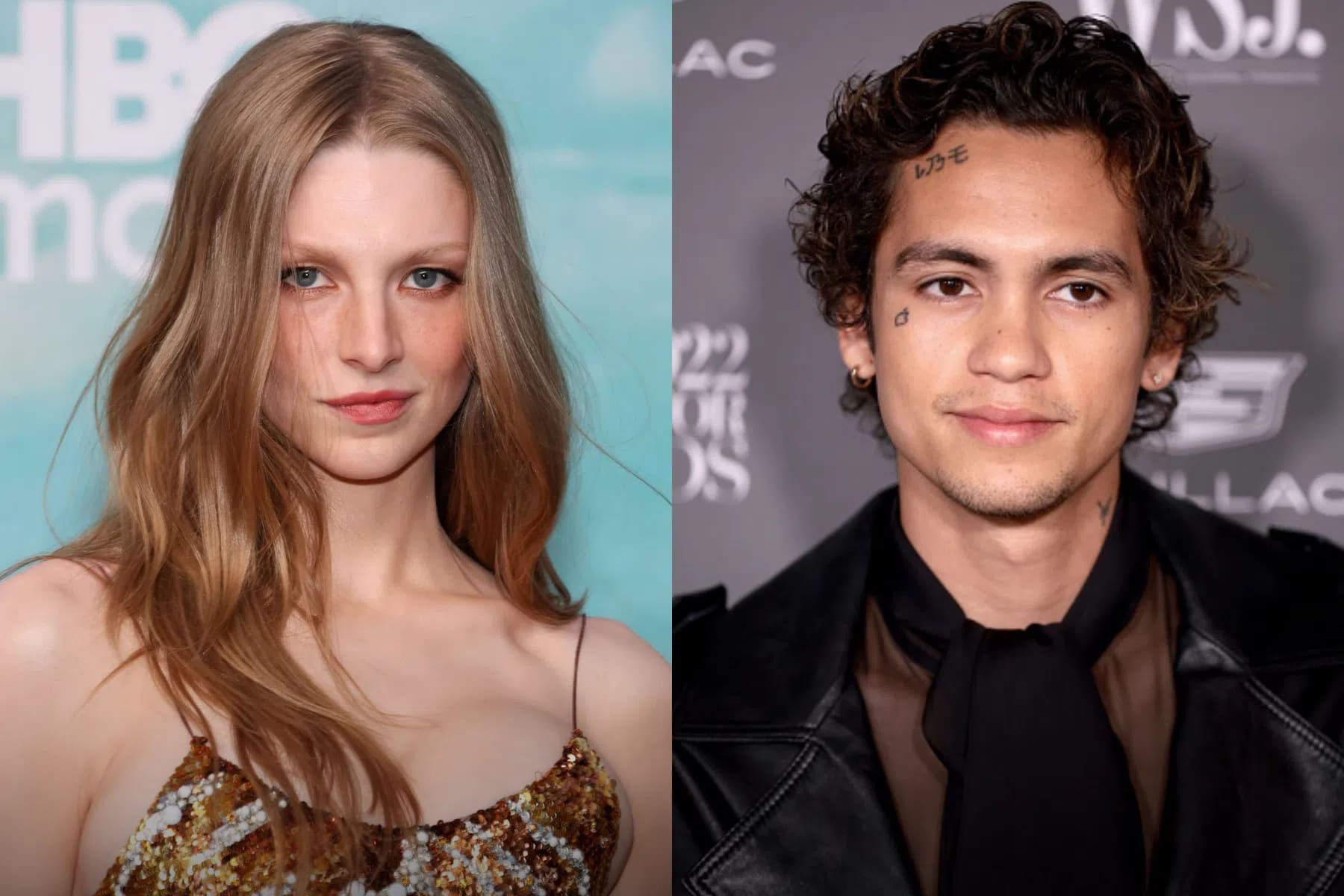 A side-by-side composite photo features two actors posing at red carpet events. On the left, a person with long, flowing strawberry blonde hair parted down the middle looks directly into the camera with a subtle expression, wearing a shimmering gold and brown sequined top against a teal background with white text. On the right, a person with short, curly dark brown hair and several small facial tattoos looks slightly off-camera with a gentle smile, dressed in a black leather jacket over a dark, sheer top with a tied neckline against a grey background featuring white logos.