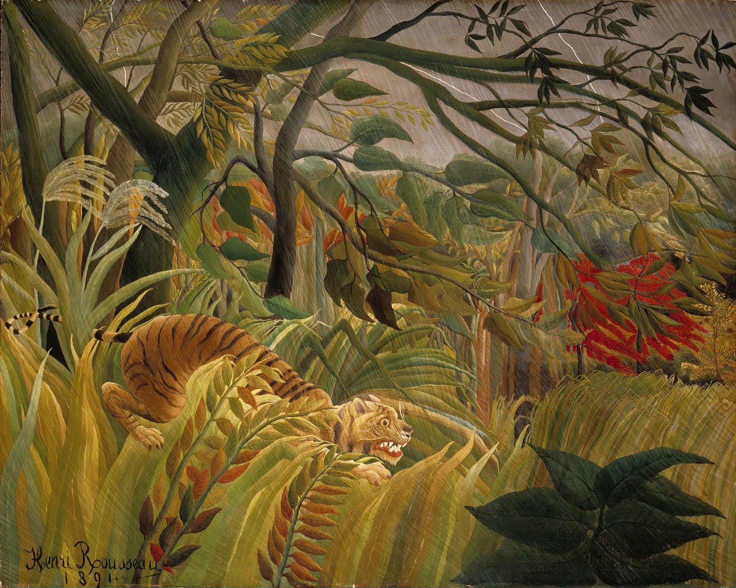 Tiger in a Tropical Storm (Surprised!) is a landmark 1891 oil-on-canvas painting by French self-taught artist Henri Rousseau. It represents the very first of his famous jungle paintings, capturing a fiercely illuminated tiger prepared to pounce amidst a raging gale.The masterpiece currently resides permanently in the National Gallery in London.Artistic Style and CompositionNaive Representation: The artwork belongs to the Naïve (or Primitive) art movement.Layered Space: Lacking formal training in linear perspective, Rousseau suggested spatial depth by building a succession of stacked, two-dimensional planes up the canvas.Floating Form: The tiger appears strangely suspended on the grass rather than fully grounded, looking like a dreamlike cut-out.Satin Rain Trails: Rousseau formulated a unique method to paint lashing rain by dragging thin, translucent diagonals of silver paint across the scene.The Fictional JungleZero Travel Experience: Despite popular myths that Rousseau fought in Mexico, he never left France.Botanical Synthesis: The dense wilderness is an eclectic, imaginative puzzle put together using observations from the Paris Botanical Gardens (Jardin des Plantes).Domestic Inspiration: Many of the colossal "jungle" leaves are actually amplified, stylized renderings of common Parisian household plants.Historical ReceptionSalon des Indépendants: After facing rejection from the traditional Academy jury, Rousseau successfully exhibited the piece under the title Surprise at the open Salon des Indépendants in 1891.Mixed Responses: While many standard critics ridiculed his childish naiveté and anatomical mistakes, it earned serious acclaim from avant-garde figures who deeply admired its structural complexity.