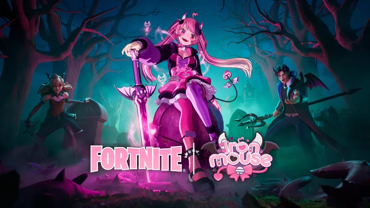 The image is an official promotional artwork featuring a collaborative crossover between Fortnite and the prominent VTuber Ironmouse. Set against a dark, eerie, and atmospheric graveyard background illuminated by an ethereal blue and pink glow, the scene is filled with gnarled, leafless trees and crooked tombstones.In the center, the prominent anime-style character Ironmouse stands confidently, leaning on a large, glowing pink and black broadsword that pulses with magical energy. She sports her signature pink hair tied into pigtails, small demonic horns, and a frilly black, pink, and purple gothic outfit complete with matching thigh-high boots and a long, thin demon tail.Flanking her in the background are two Fortnite characters prepared for battle: a female warrior on the left emerging from behind a headstone, and a male character with dark wings on the right wielding a trident-like spear. In the lower-center foreground, the stylized, bold white Fortnite logo sits directly next to the cute, bubble-lettered, pink and white Ironmouse logo, which is adorned with tiny bat wings and a bow. An official promotional graphic announcing a spooky, Halloween-themed collaboration between the popular battle royale video game Fortnite and VTuber Ironmouse.